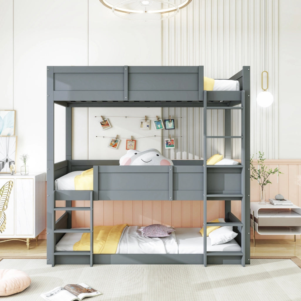 Letto a castello grigio in legno massello 90x200 cm con tre piani e parapetto alto