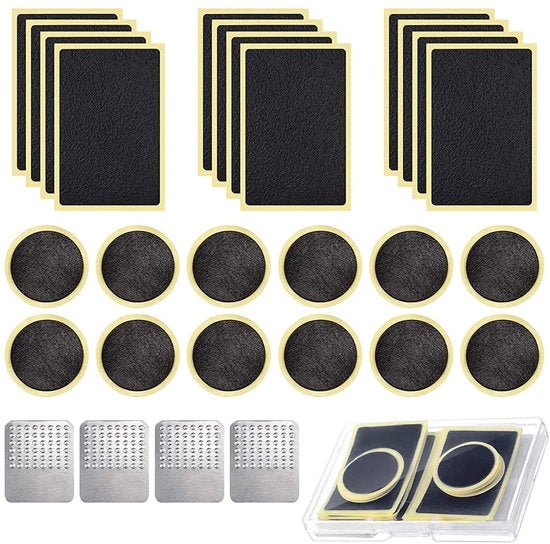 Kit di riparazione pneumatici bicicletta 28 pezzi - senza adesivi - tubo interna autoadesiva - pezzi di gomma - raspo metallico - utile per uso domestico - kit di riparazione pneumatici