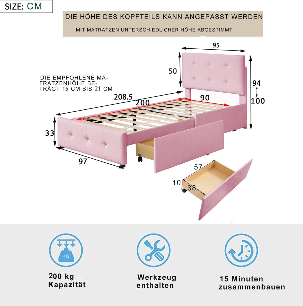 Letto imbottito singolo 90x200 cm rosa con rete a doghe e cassetto