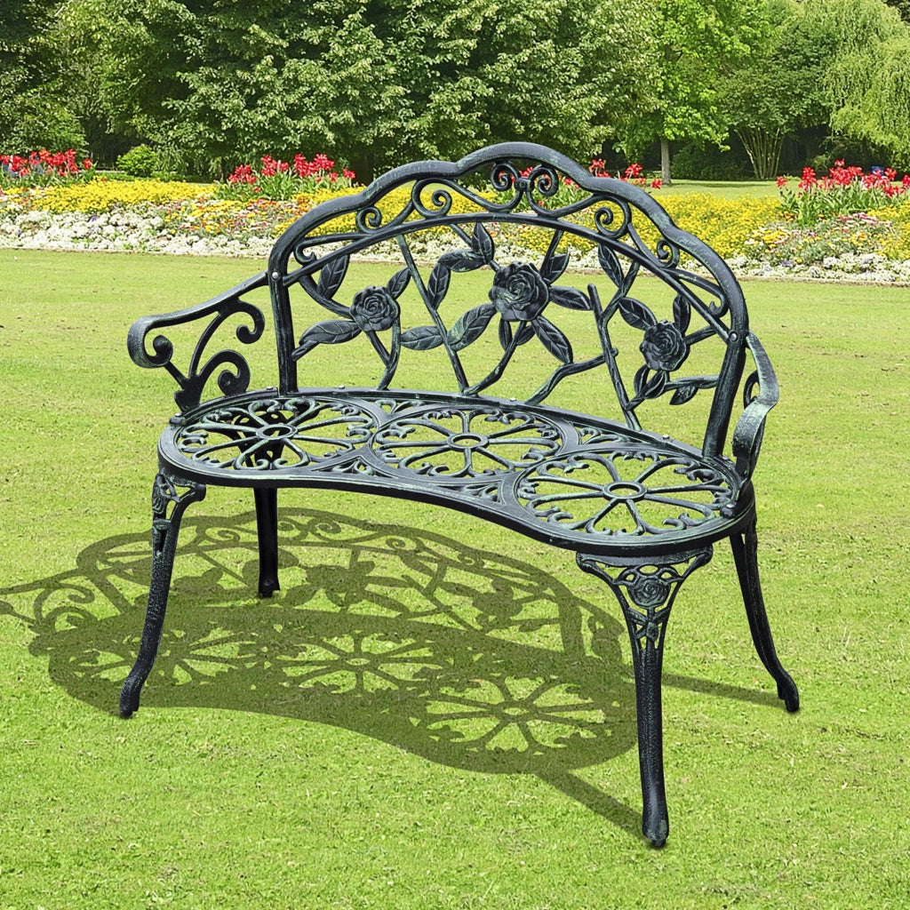 Panca da Giardino 2 Posti con Schienale Motivo Floreale e Dettagli Vintage in Metallo Verde Antico 100 x 54 x 78 cm