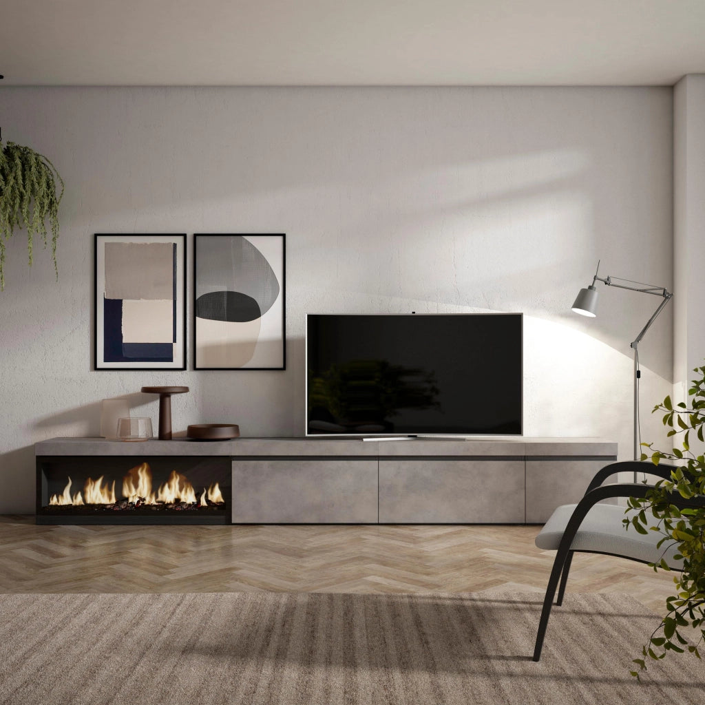 Mobile TV Soggiorno, 317x35x45cm, Camino elettrico XXL, grigio cemento RF3666