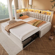 Letto imbottito-Xylo-90x200cm+90x190 LED Bluetooth USB-C testiera L lino beige senza materasso