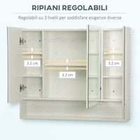 Armadietto a Specchio per Bagno con Ripiani Regolabili 3 Porte e Mensola 90x15x75 cm Bianco