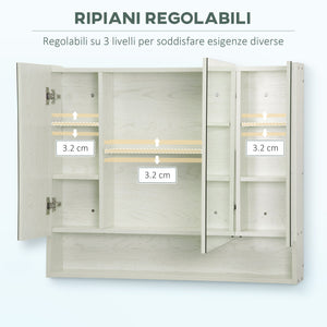 Armadietto a Specchio per Bagno con Ripiani Regolabili 3 Porte e Mensola 90x15x75 cm Bianco