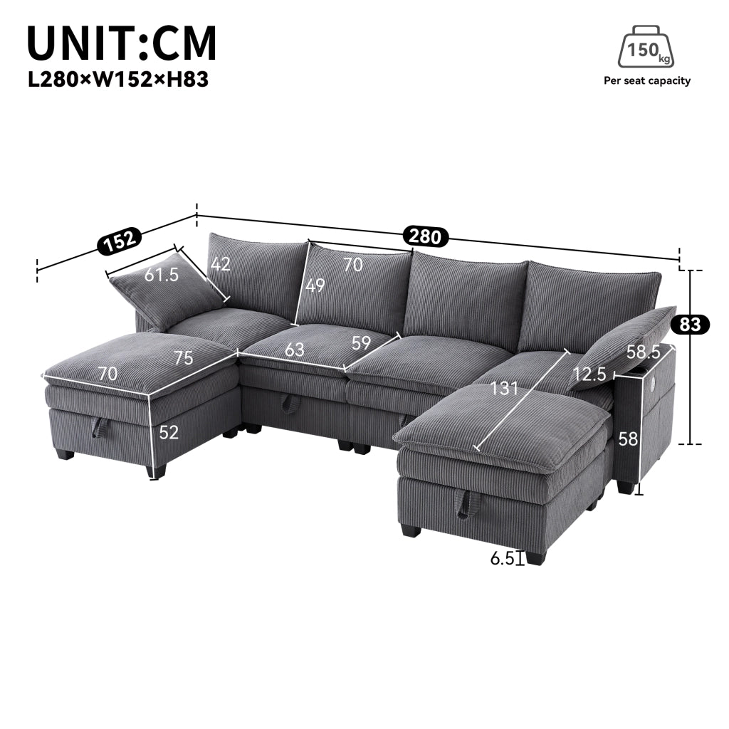 DIVANO Modulare L/U 280x151x82 cm Corduroy Grigio 5-6 posti
