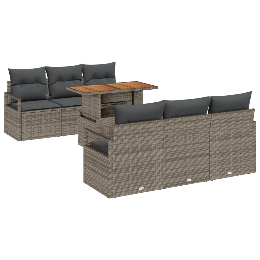 Set Divano da Giardino 7 Pezzi con Cuscini Grigio Polyrattan Acacia