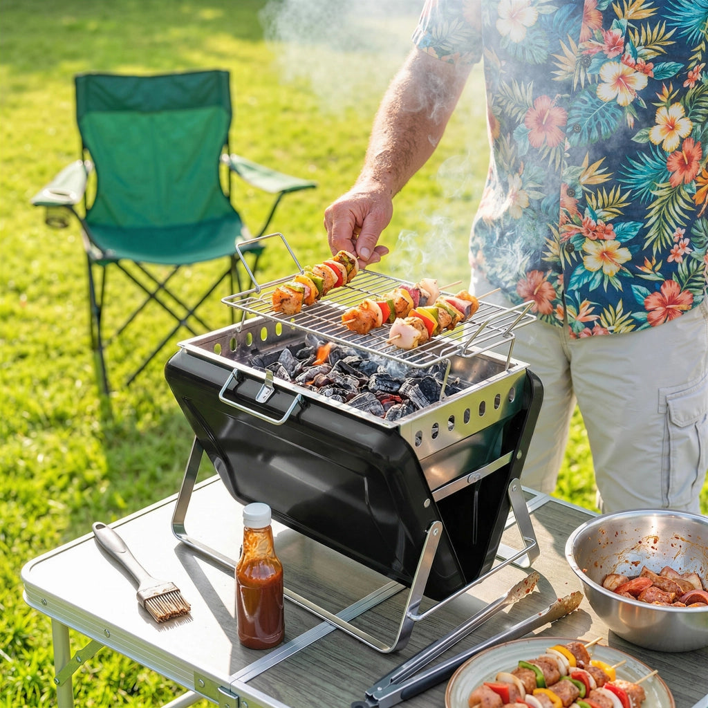 Barbecue a Carbone BBQ Smoker ¨C Xylo ¨C Acciaio Inossidabile Pieghevole Nero 40x28x25,5cm