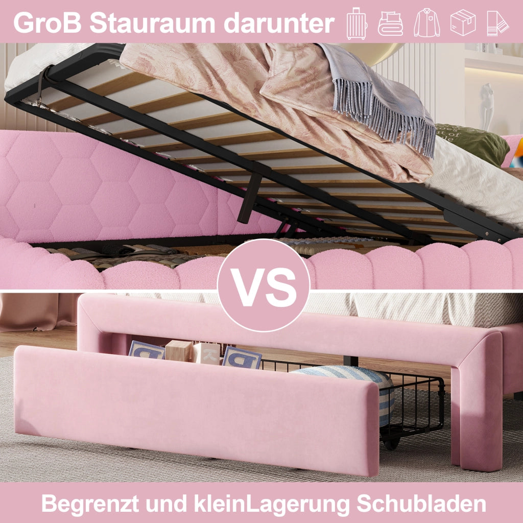 LETTO Daybed 140x200 cm Rosa con LED, USB, Tipo-C e vano contenitore