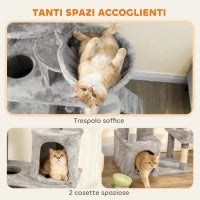 Albero Tiragraffi per Gatti con 2 Casette, Amaca, Tunnel, e Lettino, Pali in Sisal, 60x40x170 cm, Grigio