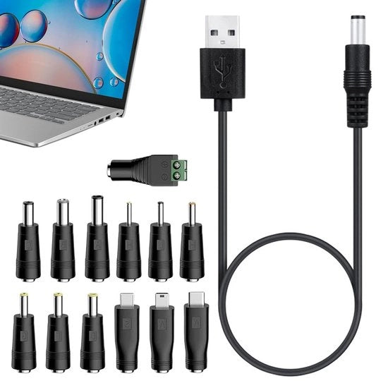 Cavo di alimentazione universale 13 in 1 - cavo USB a DC 5V con 15 m di cavo di rete - cavo di ricarica USB per laptop, altoparlanti, powerbank.
