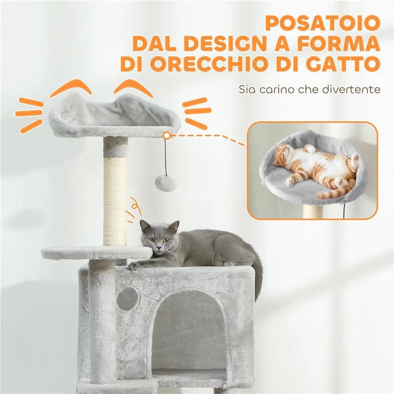 ALBERO TIRAGRAFFI PER GATTI ALTO 160 CM CON 2 CASETTE, AMACA, LETTINO E PALI IN SISAL, GRIGIO