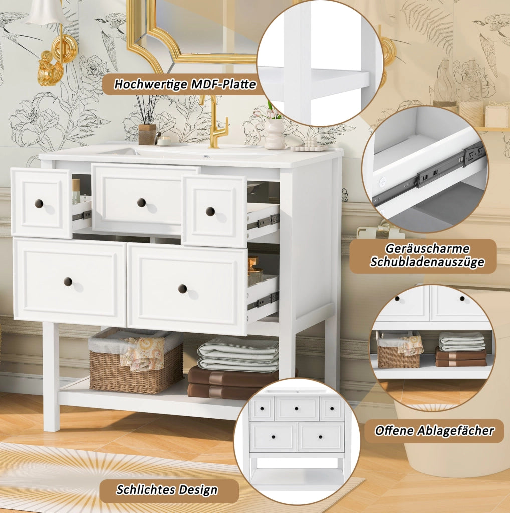 Mobile lavabo indipendente con lavabo in ceramica, 76 x 46,5 x 82 cm, bianco