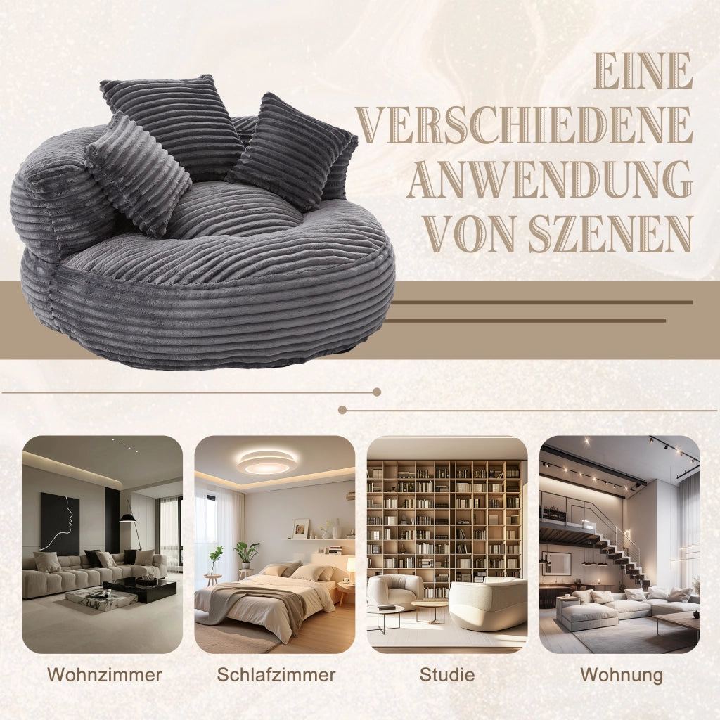 Poltrona Pouf Con Schienale Alto E Braccioli; 3 Cuscini; Seduta Ampia Comfort Lounge; in Velluto A Coste Grigio Scuro