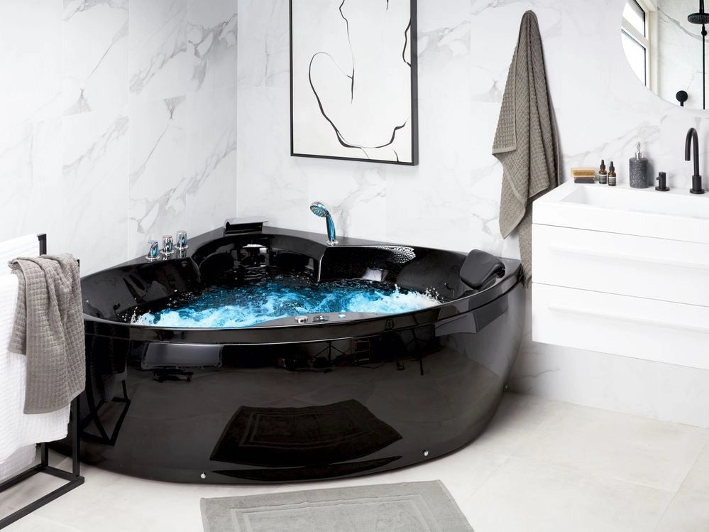 Vasca ad angolo in acrilico Nero 205 x 163 cm 2 persone getti massaggianti poggiatesta