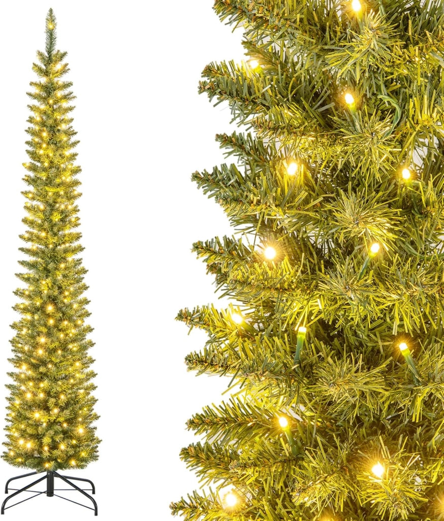 Albero di Natale Slim da 150/180/210 CM, Albero di Natale Artificiale con 150/180/200 Luci LED Bianche Calde, 296/390/499 Punte di Ramo e Supporto Pieghevole in Metallo (210 cm)