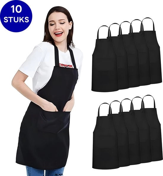 Schort da Cucina 10 pezzi - Schort da Cucina Professionale - Schort da BBQ - Schort Unisex - Dimensione Unica - Schort per Ristoranti - Impermeabile - Resistente alle Macchie - 2 Borse Extra Grandi - Nero