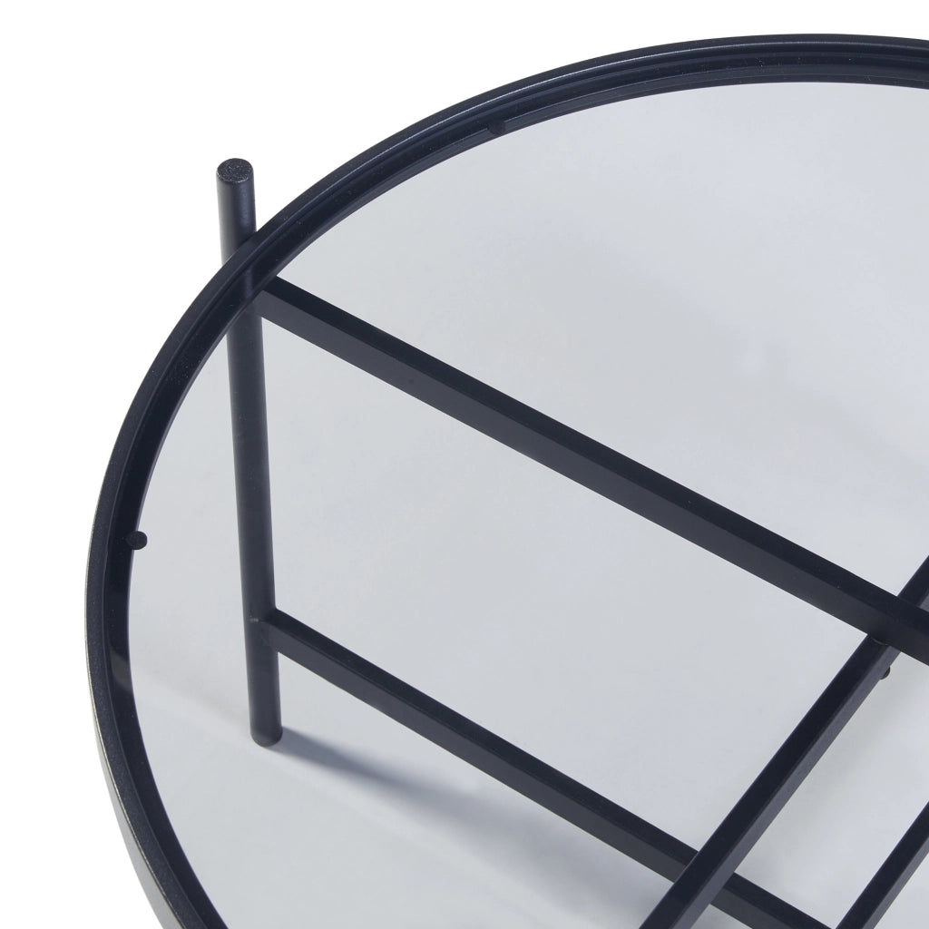 Set Lier di 2 Tavolini con Piano Rotondo in Vetro Temperato - Nero [en.casa]