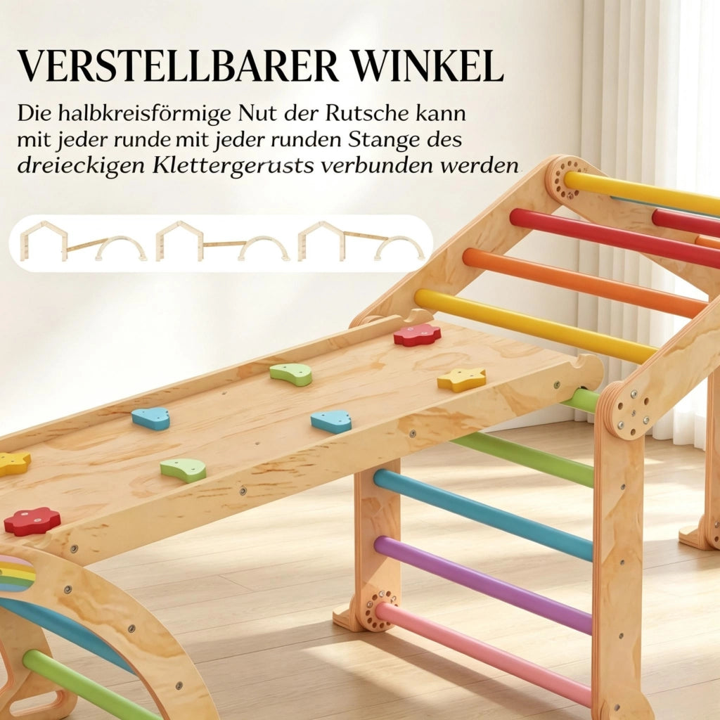 Triangolo di arrampicata multicolore per bambini con rampa reversibile, scivolo e struttura per arrampicata.