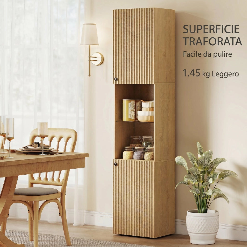 Mobile da Bagno a Colonna Slim 40x31x182H cm 6 Ripiani 2 Ante e Ripiano in Vetro Temperato in MDF Rovere