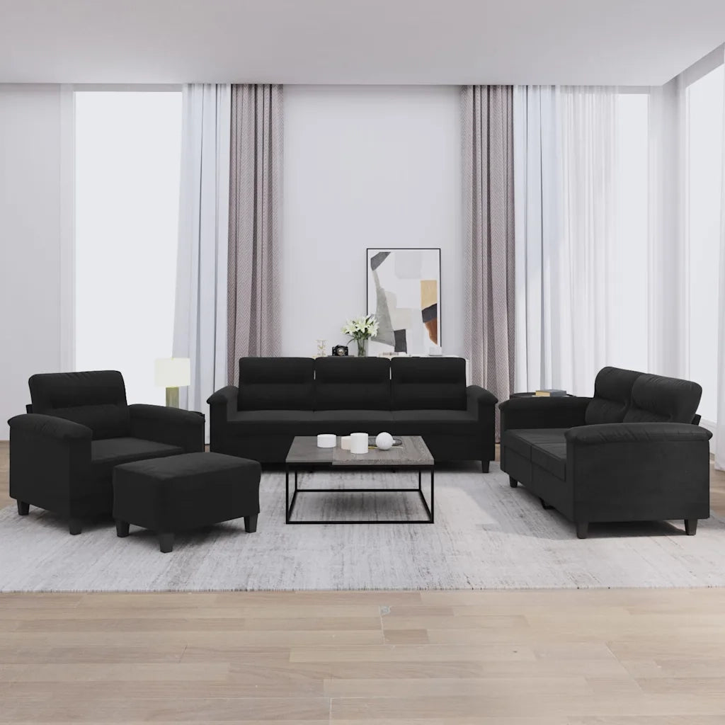 Set Divani 4 pz con Cuscini Nero in Tessuto Microfibra