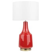 Lampada da Tavolo Comodino Luce Rossa Base in Ceramica Tamburo paralume in policotone Bianco Sporco Paralume Rotondo