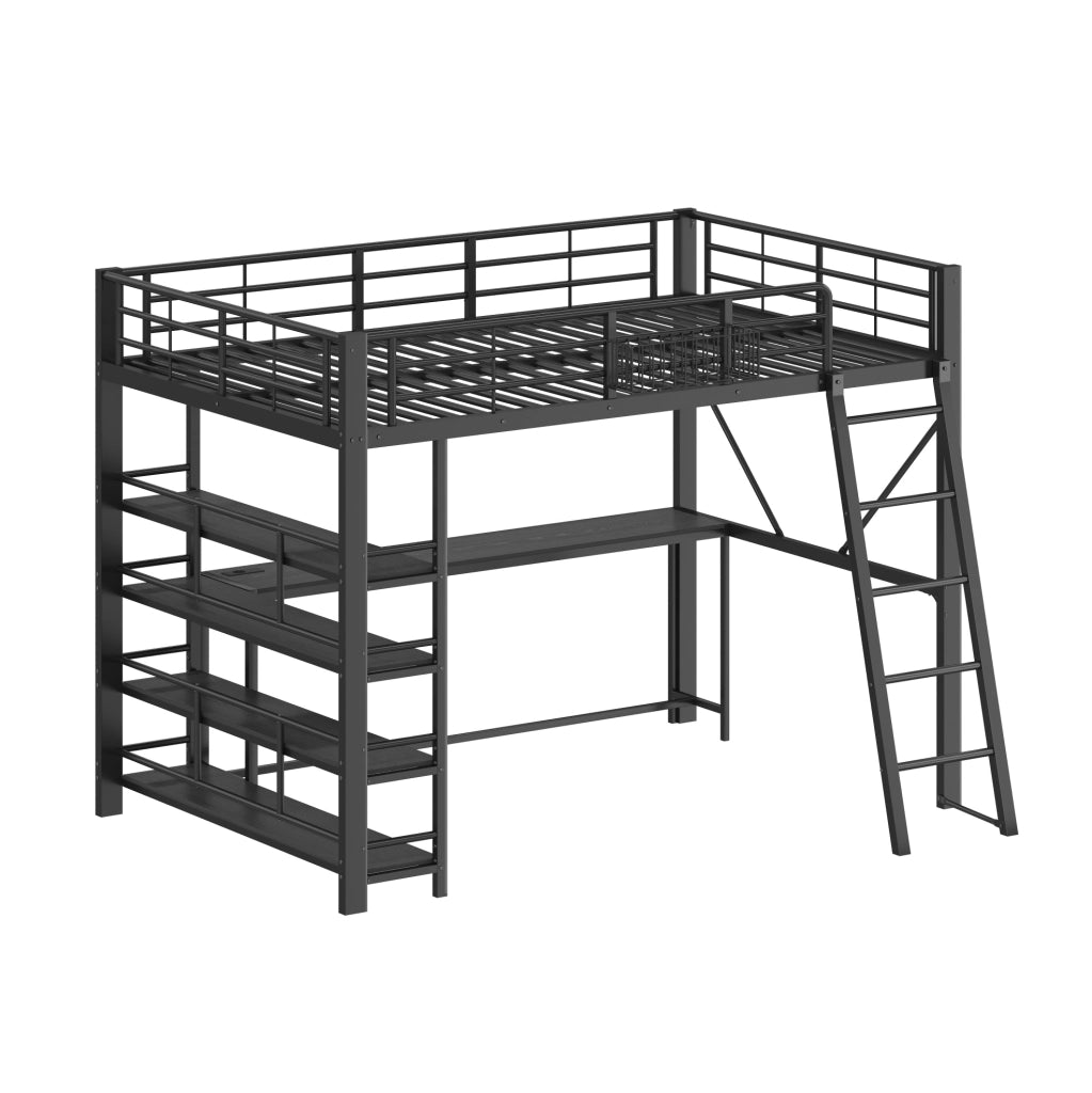 Letto a soppalco 140x200 cm con scrivania, LED e ricarica in metallo nero