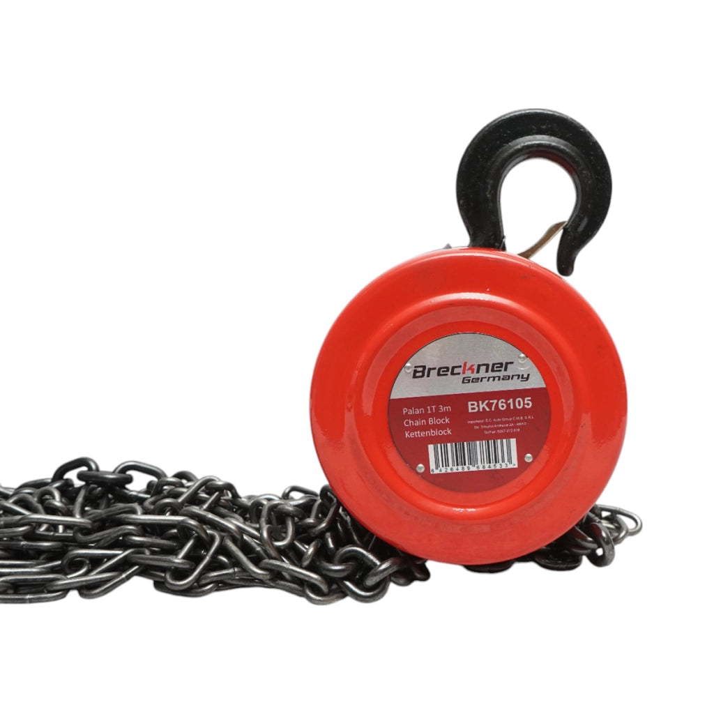 Paranco manuale con catena da 3 m, carico massimo 1000 kg, gancio di sicurezza Breckner Germany