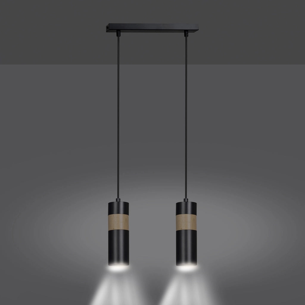 Lampadario 2 Luci Change In Acciaio Nero A Cilindro Con Legno Naturale