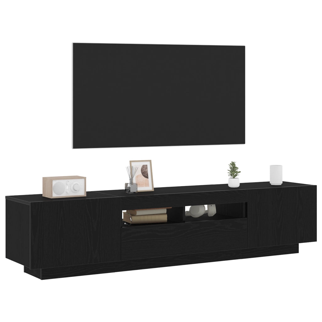 Mobile TV  con luci LED, Nero Rovere, 180x35x40 cm, in legno ingegnerizzato