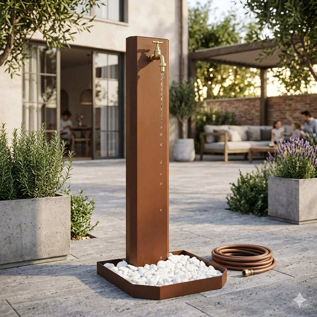 Fontana da Giardino Design a Colonna Ovale Rubinetto in Ottone e Base con Ciottoli Corten