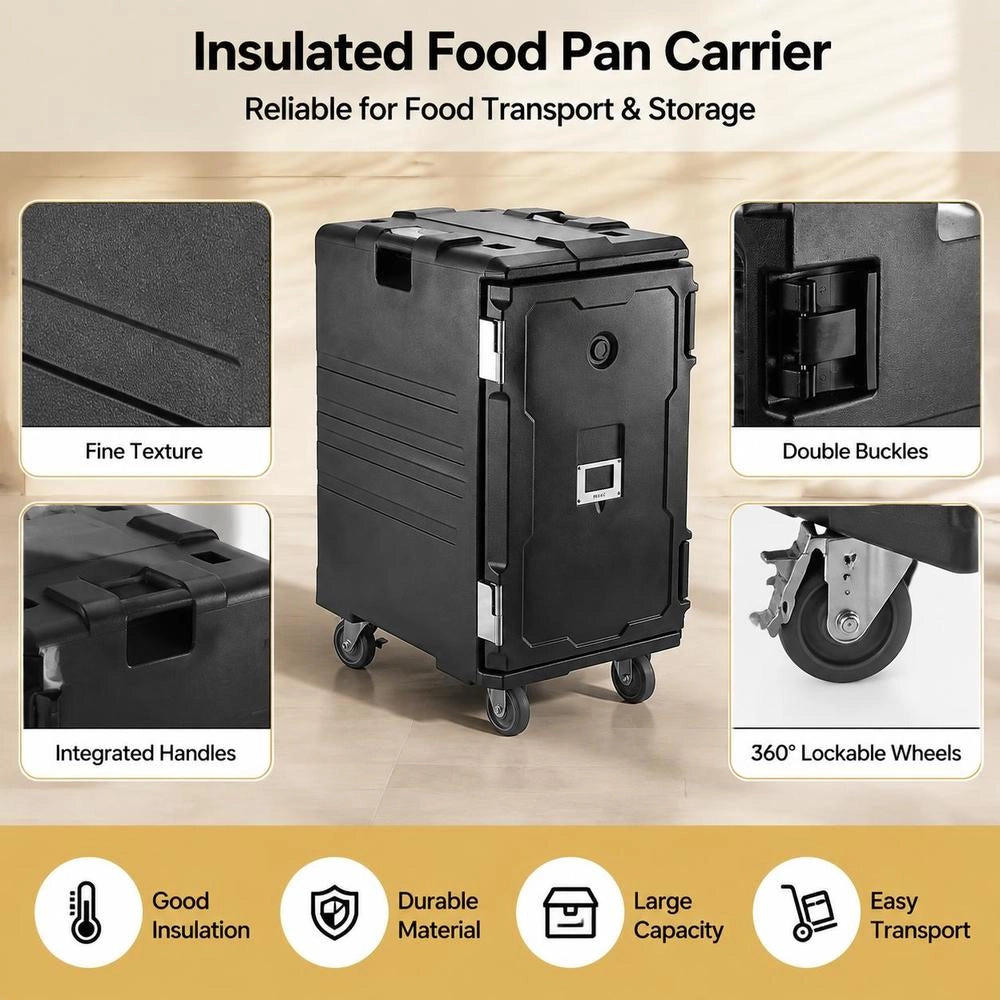 Insulated Food Container Carrier, Front Loader, Catering Box With Wheels, 103 L, Black