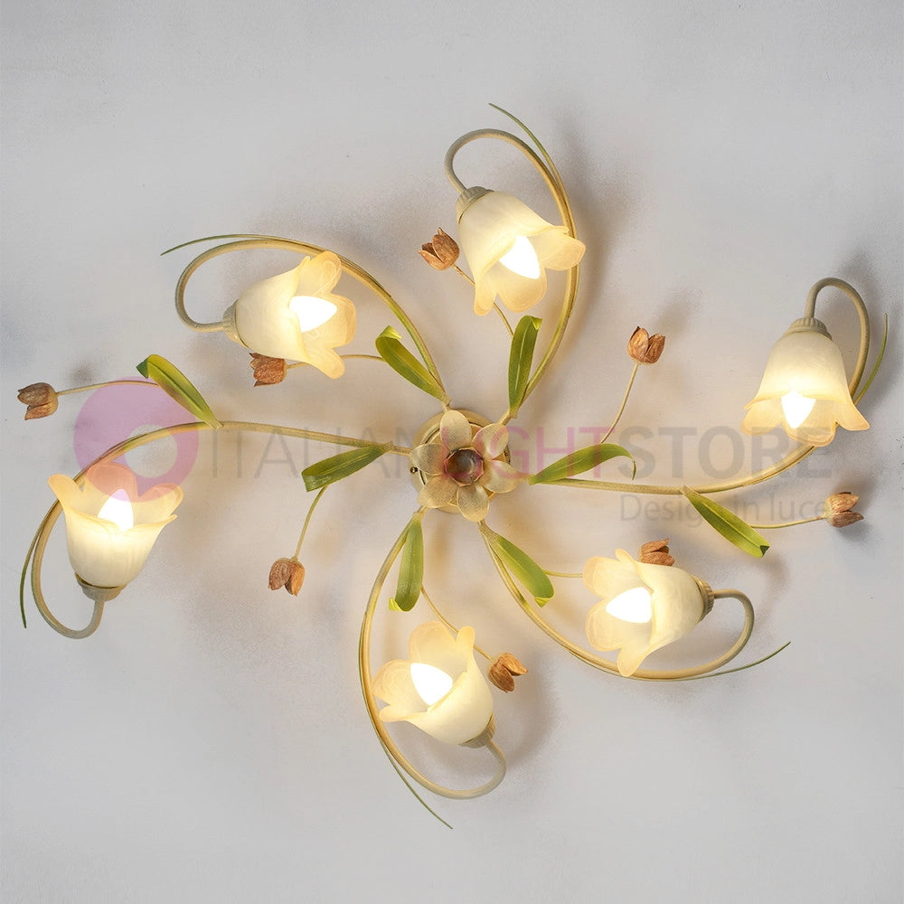 FLORA Plafoniera allungata a 6 Luci in Ferro Decorato Stile Floreale