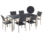 Set da pranzo da giardino Nero con piano in granito Nero sedie in rattan 6 posti 180 x 90 cm piastra tripla