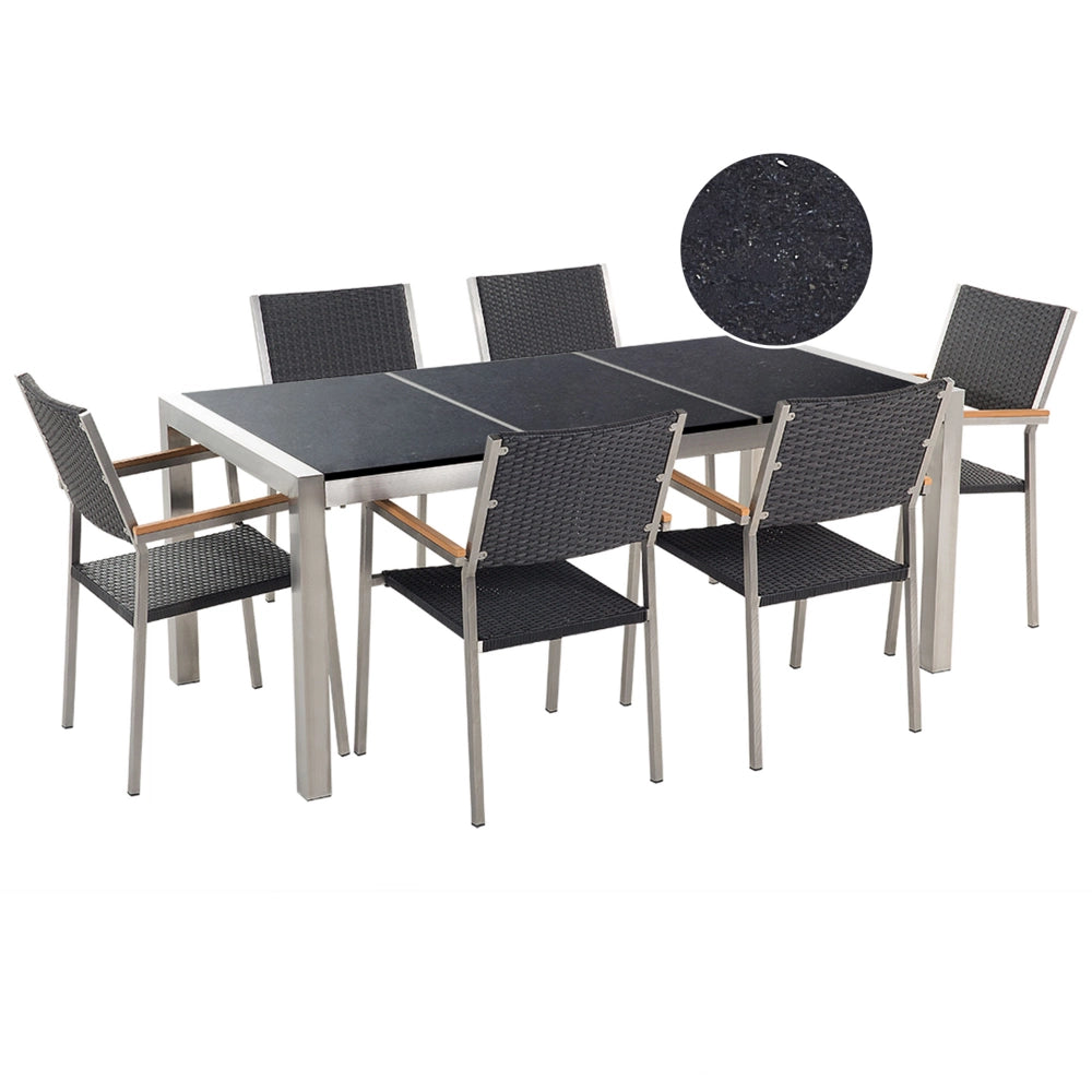 Set da pranzo da giardino Nero con piano in granito Nero sedie in rattan 6 posti 180 x 90 cm piastra tripla