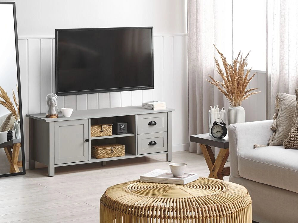 Mobile TV grigio chiaro fino a 54ʺ cassettiera stile rustico scaffali gestione cavi soggiorno