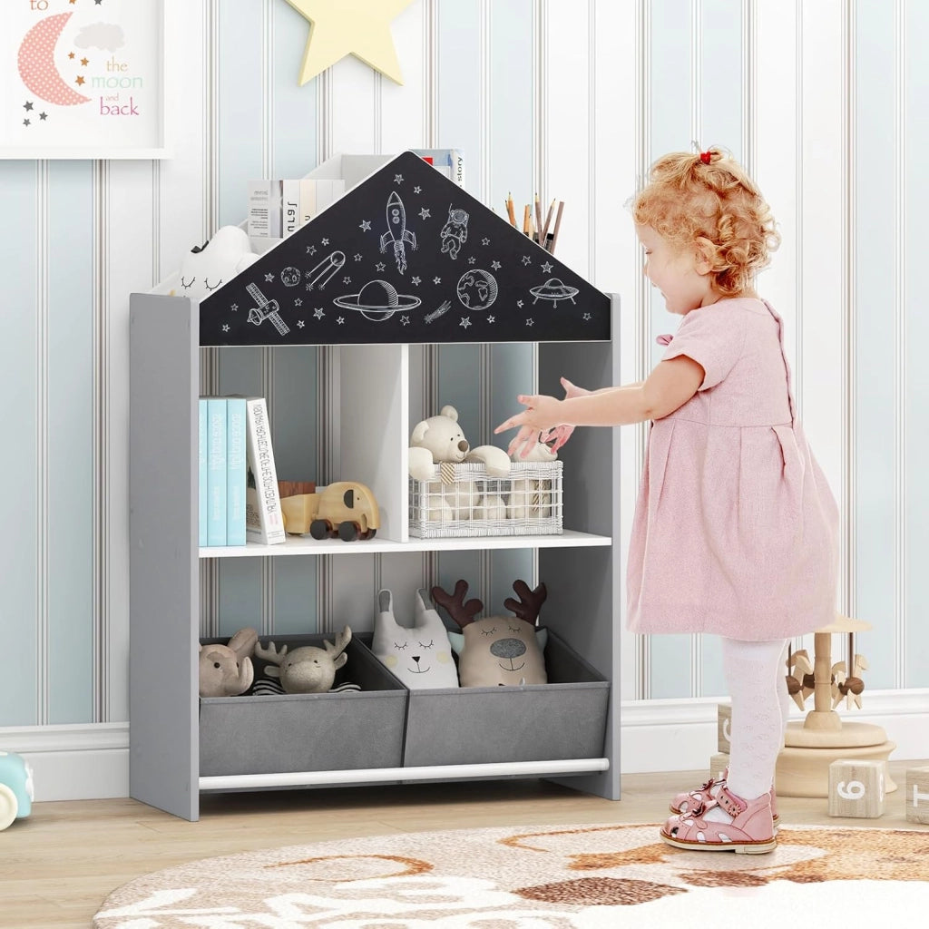 Libreria per Bambini, Organizzatore in Legno a Forma di Casa Bambole, con 2 in 1 Lavagne 4 Scomparti 2 Ripiani e 2 Cassetti, per Stanza Giochi Camera da Letto, 63x27x90 cm (Grigio)