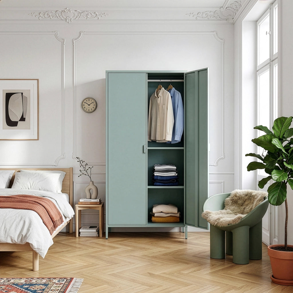 Armadio Guradaroba Esteli in Acciaio a 2 Ante con 2 Barre Appendiabiti e 4 Ripiani 170 x 80 x 45 cm - Verde Menta [en.casa]