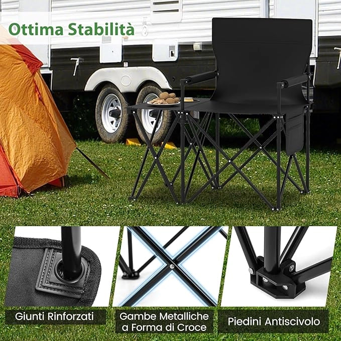 Set di 2 Sedia da Campeggio con Tavolino Laterale, Sedia da Picnic Pieghevole con 2 Tasche, Portabicchieri, Braccioli Imbottiti, Borsa da Trasporto, Portata 150 kg (Nero)