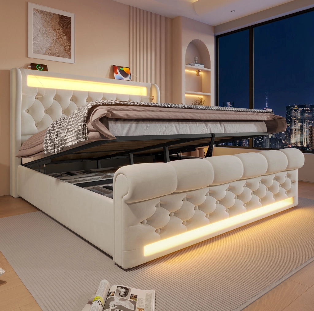 Letto matrimoniale imbottito 140x200 cm in velluto beige con LED; contenitore e USB
