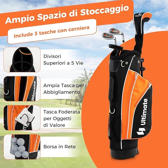 Set Completo di Mazze da Golf per Bambini, Inculude Fairway 3, Ferri 7 e 9, Putter, Copritesta, Borsa Portatile e Cappuccio Antipioggia, Set da Golf per Destrimano(Per 8-10 Anni)