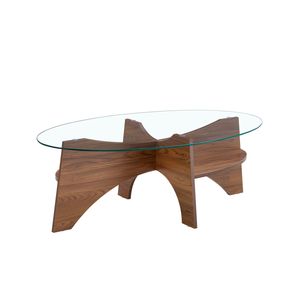 Tavolino da caffè ovale in vetro di sicurezza e MDF color noce con ripiano
