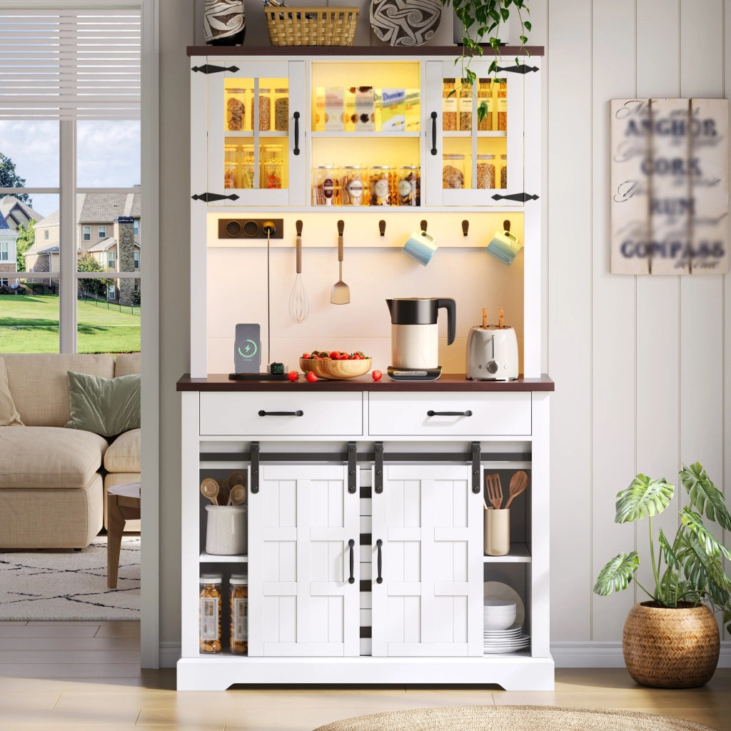 Credenza da cucina multifunzione 108x40x180 cm, piano di lavoro, LED RGB, prese integrate, 6 cassetti e ripiani regolabili, bianca