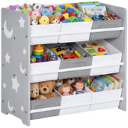 Mobiletto Portagiochi con 9 Cestini Rimovibili in MDF e Tessuto, 63x30x60cm, Grigio e Bianco
