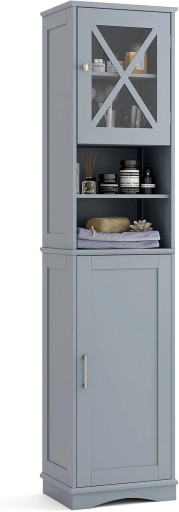 Armadietto da Bagno Slim con 2 Ante, Ripiano Regolabile e 2 Scomparti Aperti, Mobile Alto per Bagno e Soggiorno, Moderno，2 Colori