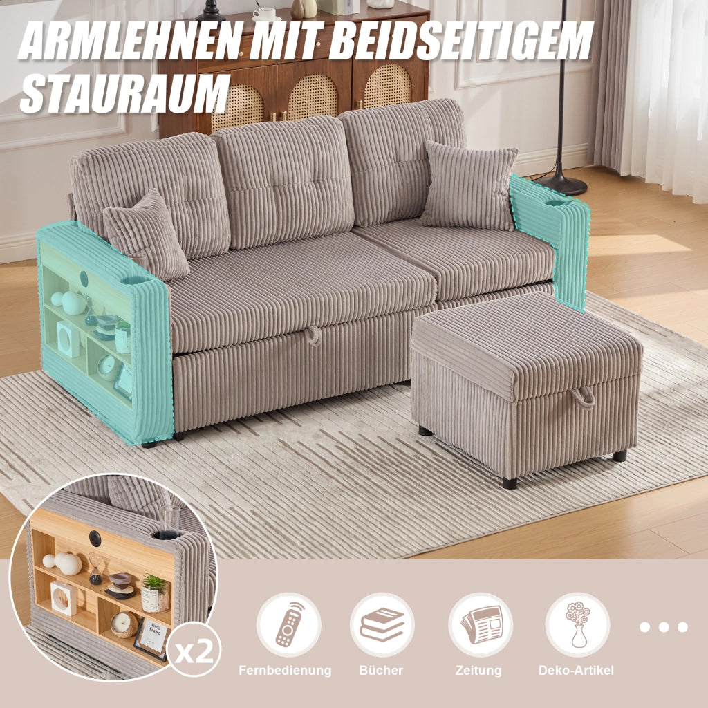 Divano letto con contenitore estraibile con USB-C e LED in velluto a coste grigio chiaro 196 × 82 × 85 cm