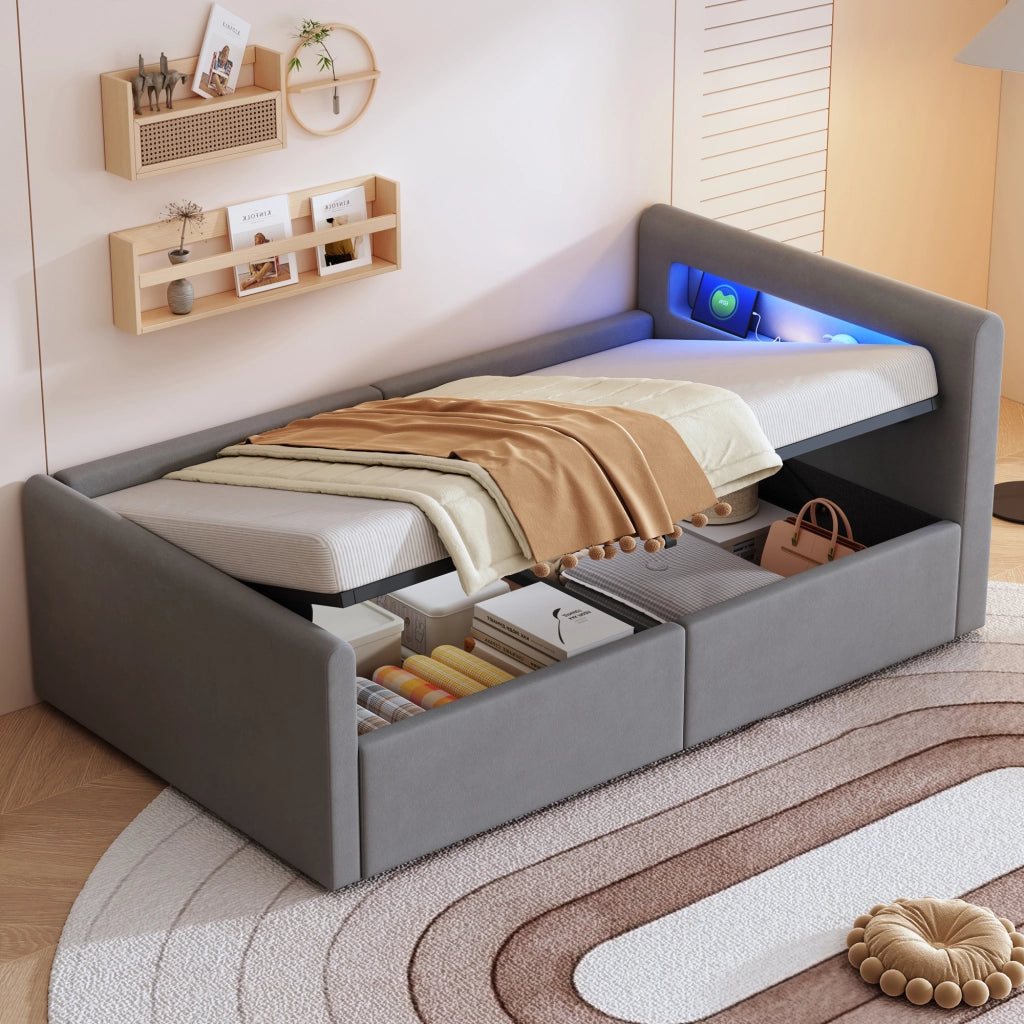Letto 90x200 cm - Letto imbottito,Con luce notturna,Porta di ricarica USB,Con vani portaoggetti,Velluto,Funzione di accumulo idraulico,grigio