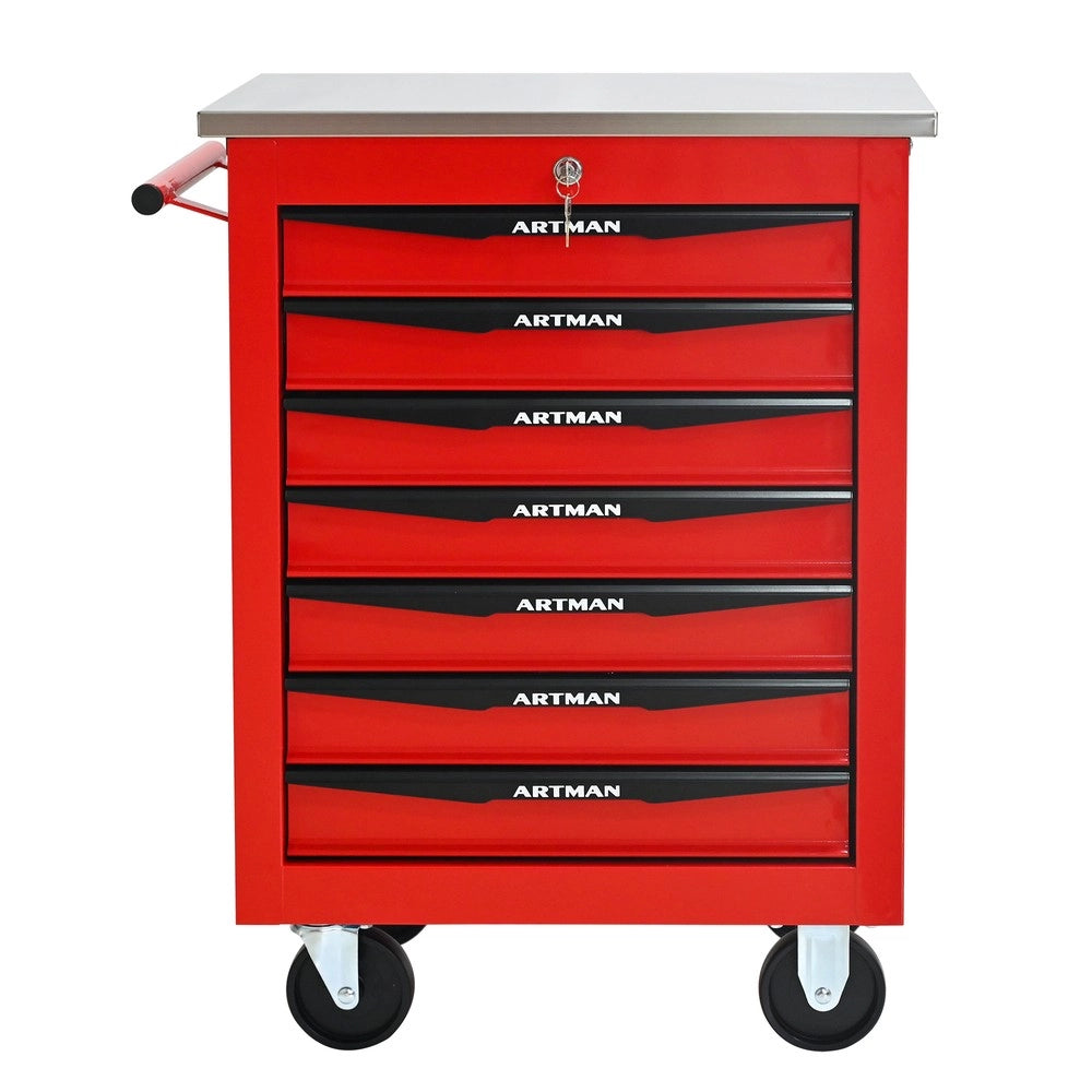 Carrello Porta Utensili 7 Cassetti con Ruote ¨C MINIMAL ¨C Metallo, Piano in Acciaio, Rosso e Nero