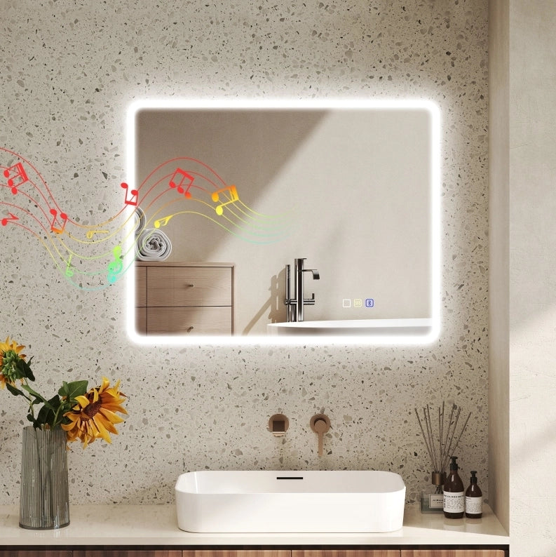 Specchio da Bagno LED Bluetooth 90x70cm Argento, Touchscreen, Anti-Bug, Memoria