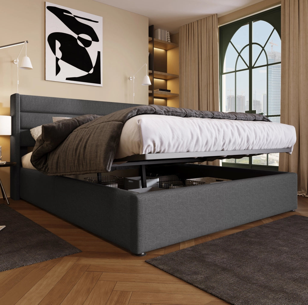 Letto matrimoniale imbottito con contenitore 160x200 cm in lino grigio; con meccanismo idraulico