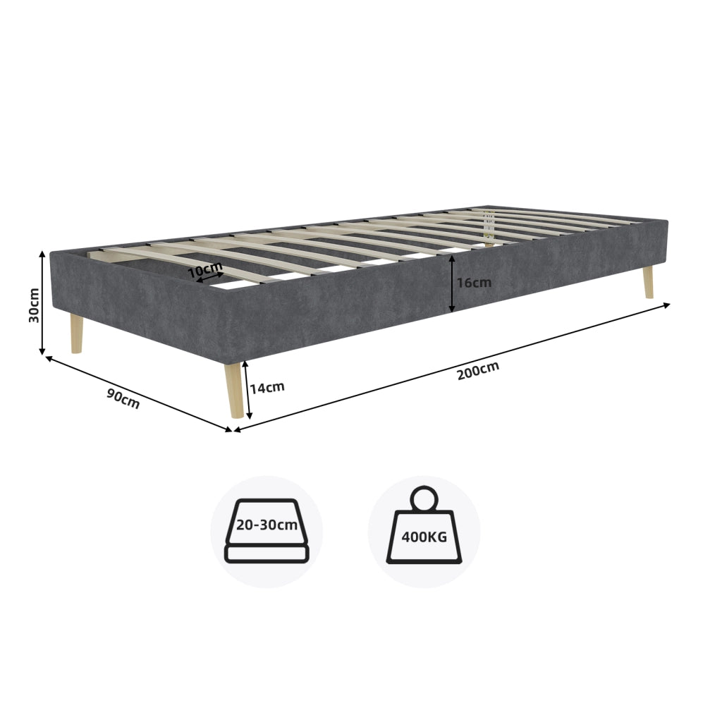 Letto Singolo 90x200 cm; Struttura Bassa - in Tessuto e Metallo - Grigio